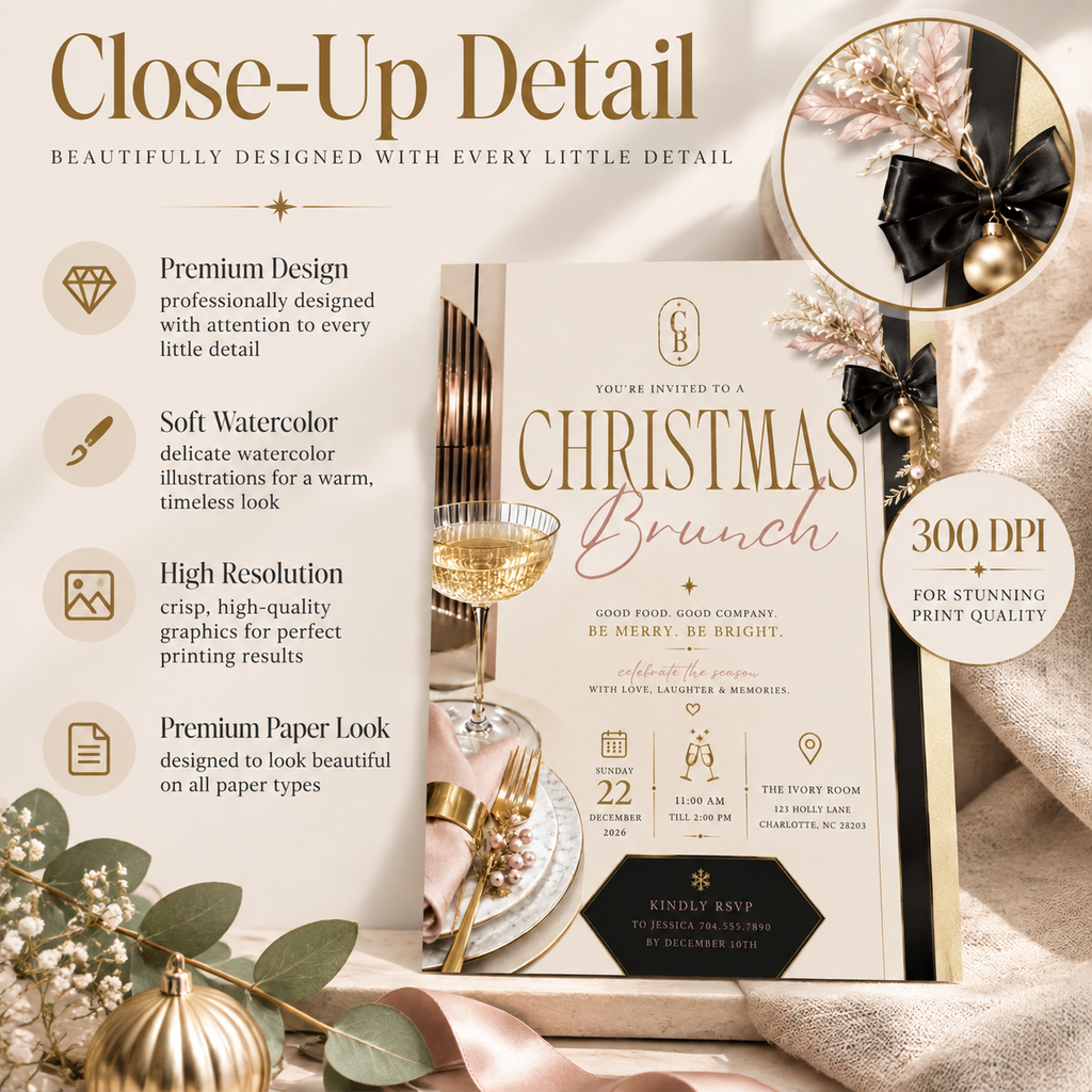 Christmas Brunch Invitation - Cream & Rose Gold