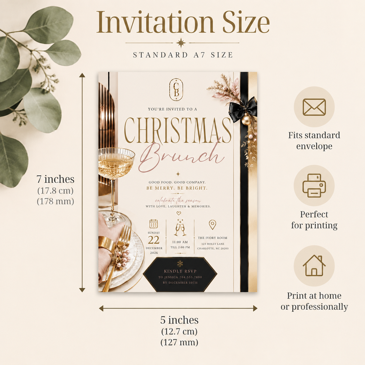 Christmas Brunch Invitation - Cream & Rose Gold