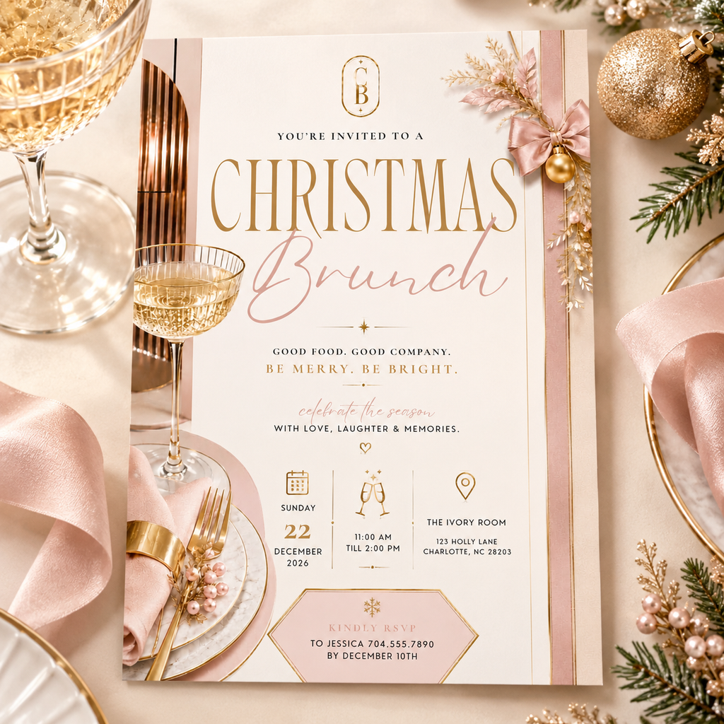 Christmas Brunch Invitation - Gold Cream & Blush