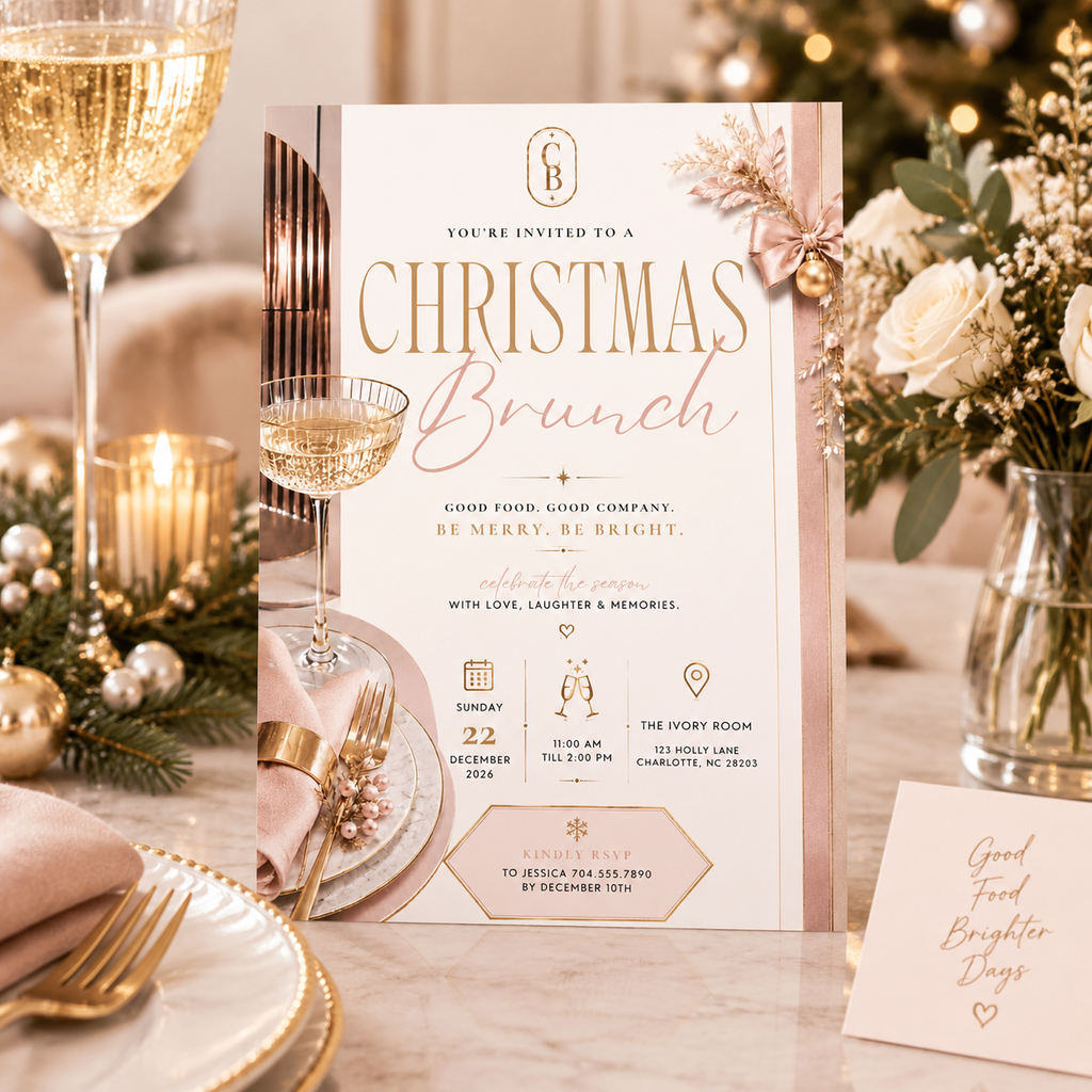 Christmas Brunch Invitation - Gold Cream & Blush