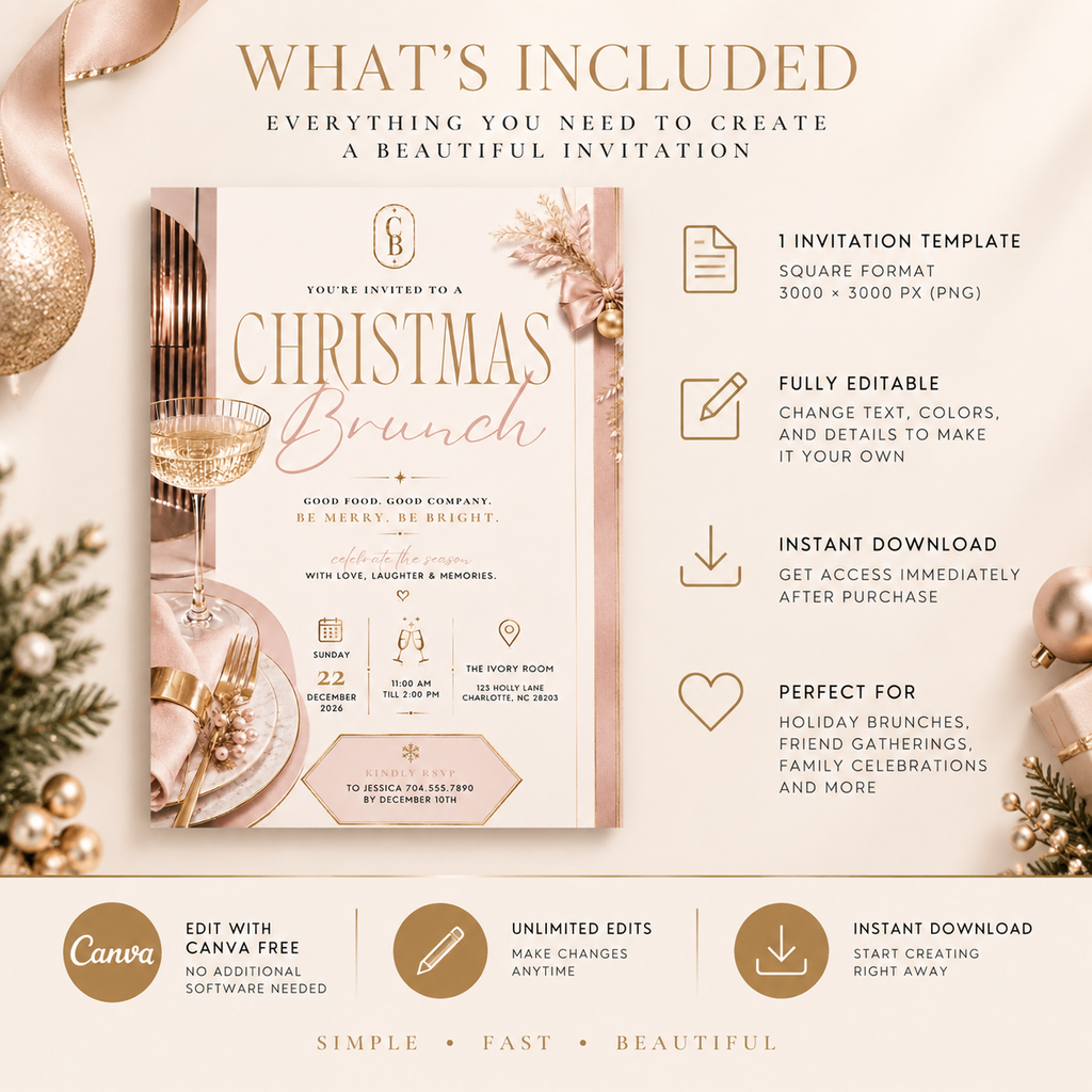 Christmas Brunch Invitation - Gold Cream & Blush