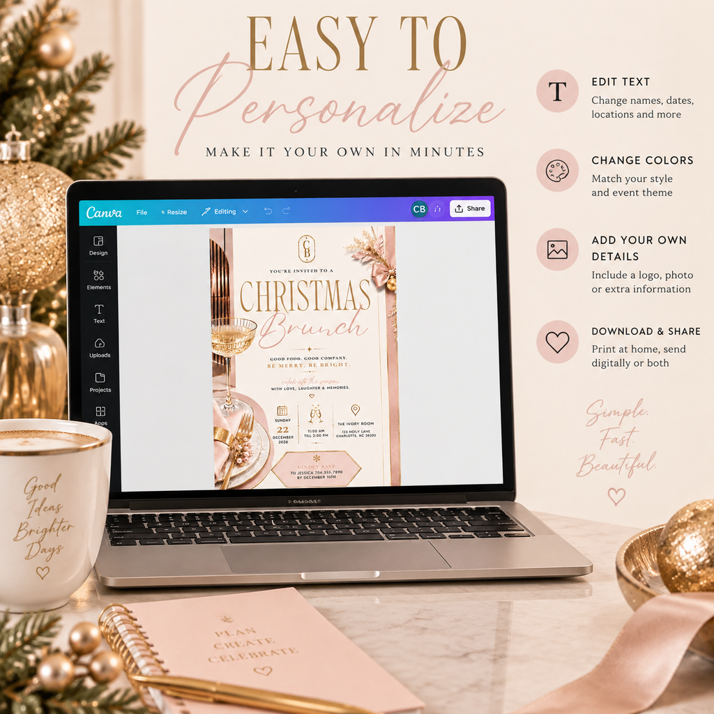 Christmas Brunch Invitation - Gold Cream & Blush