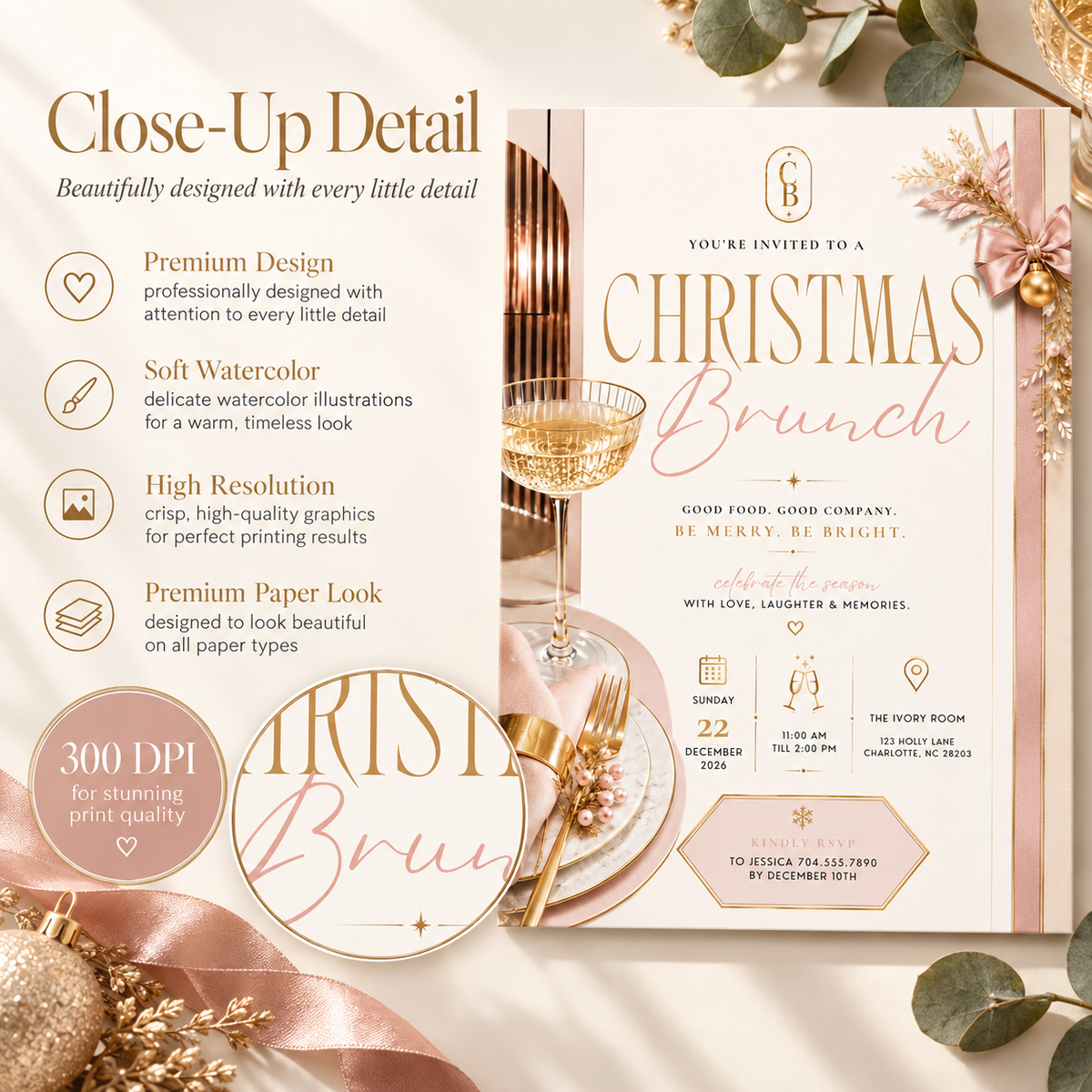 Christmas Brunch Invitation - Gold Cream & Blush