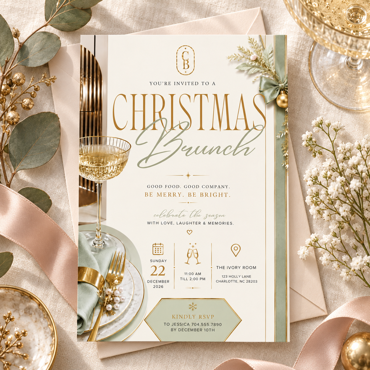 Christmas Brunch Invitation - Gold & Pale Green