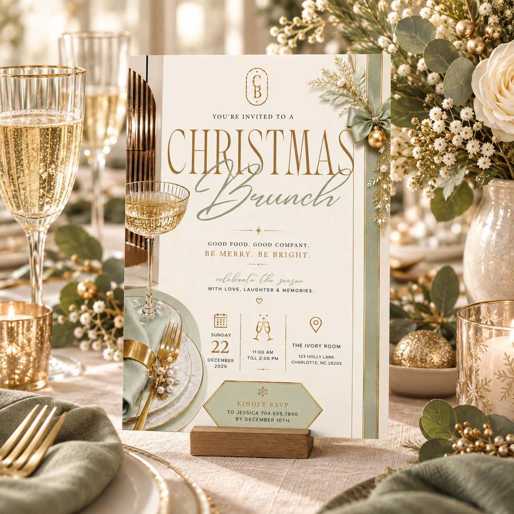 Christmas Brunch Invitation - Gold & Pale Green