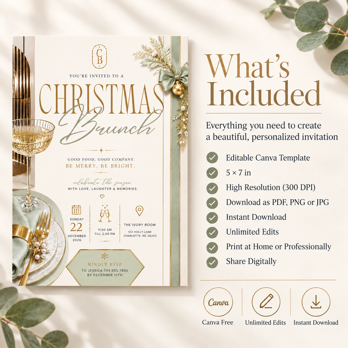 Christmas Brunch Invitation - Gold & Pale Green