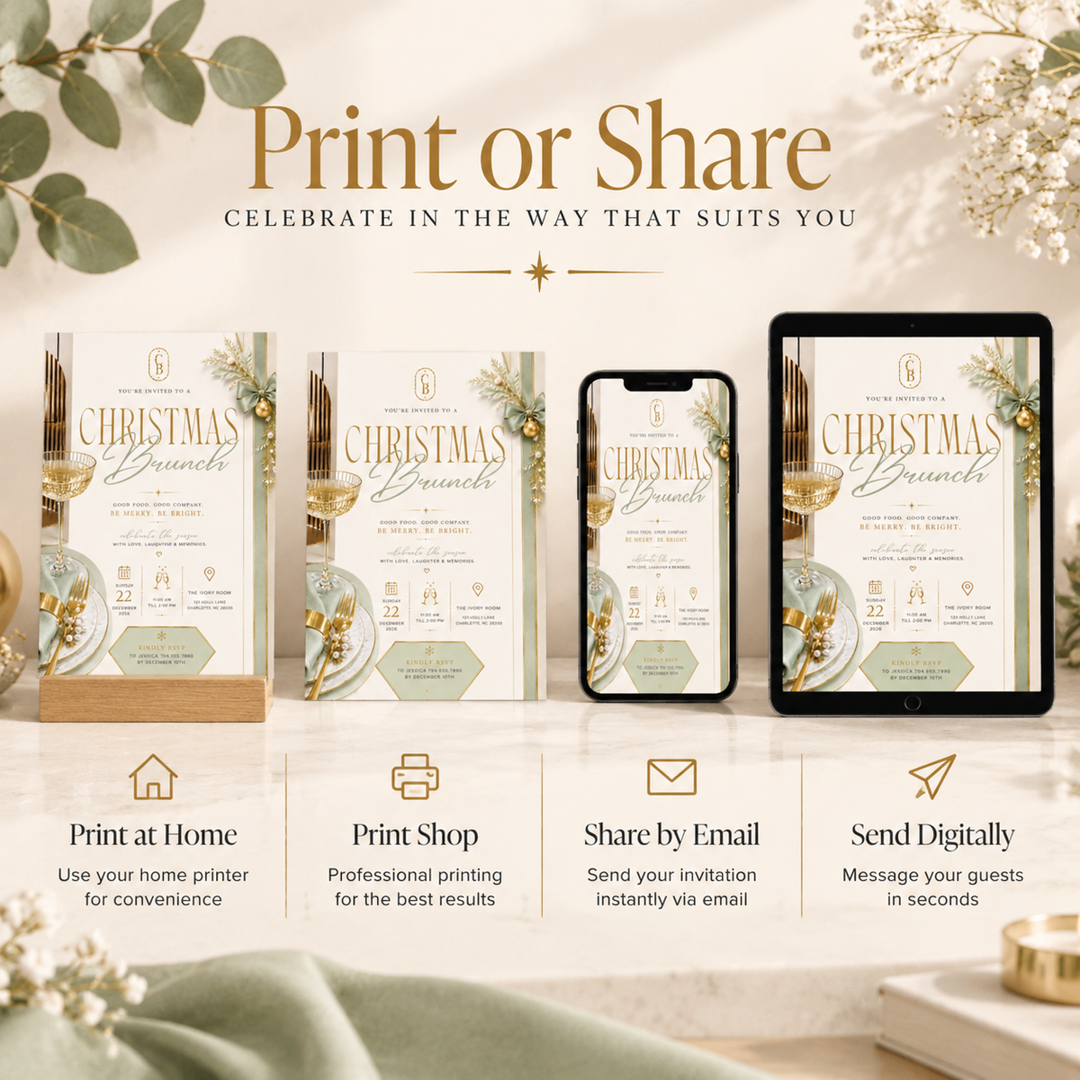Christmas Brunch Invitation - Gold & Pale Green