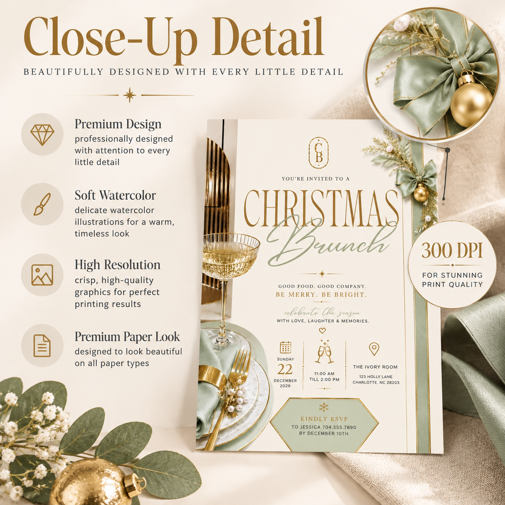Christmas Brunch Invitation - Gold & Pale Green