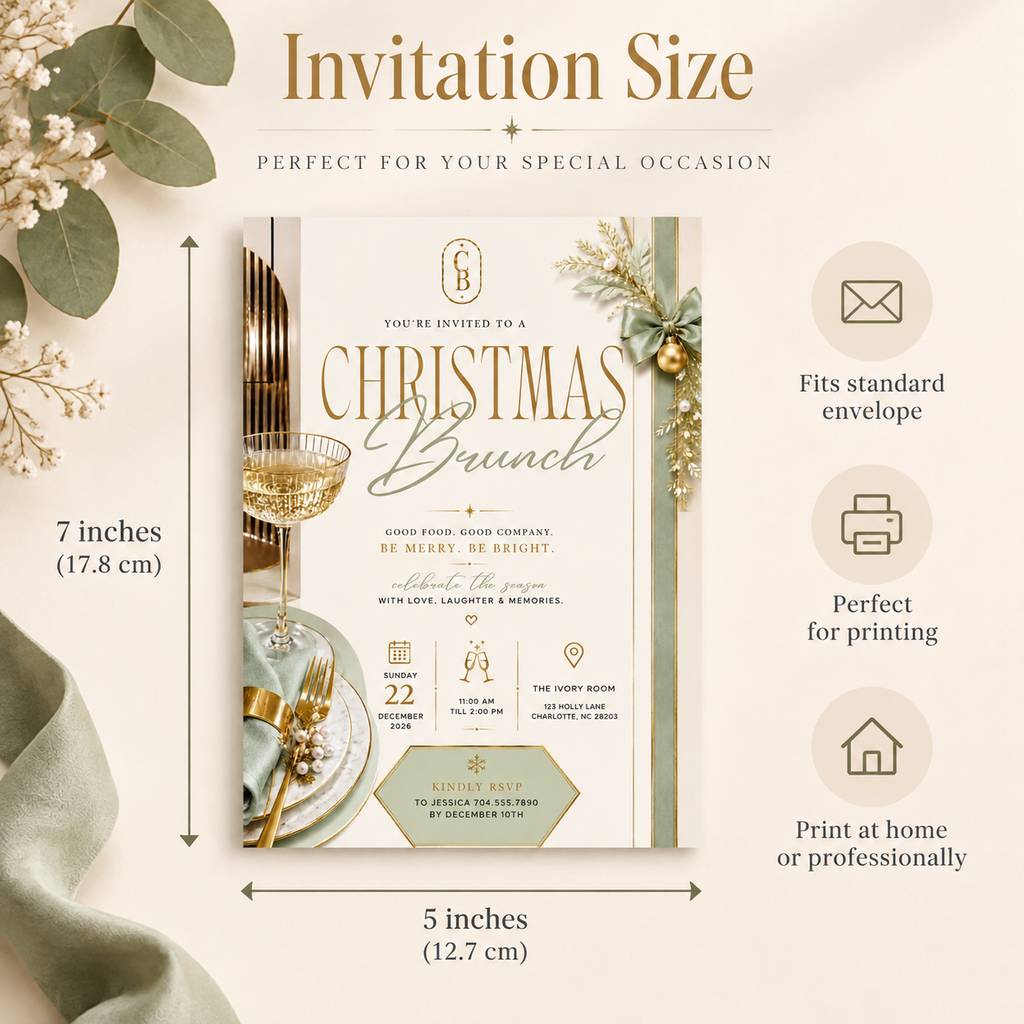 Christmas Brunch Invitation - Gold & Pale Green
