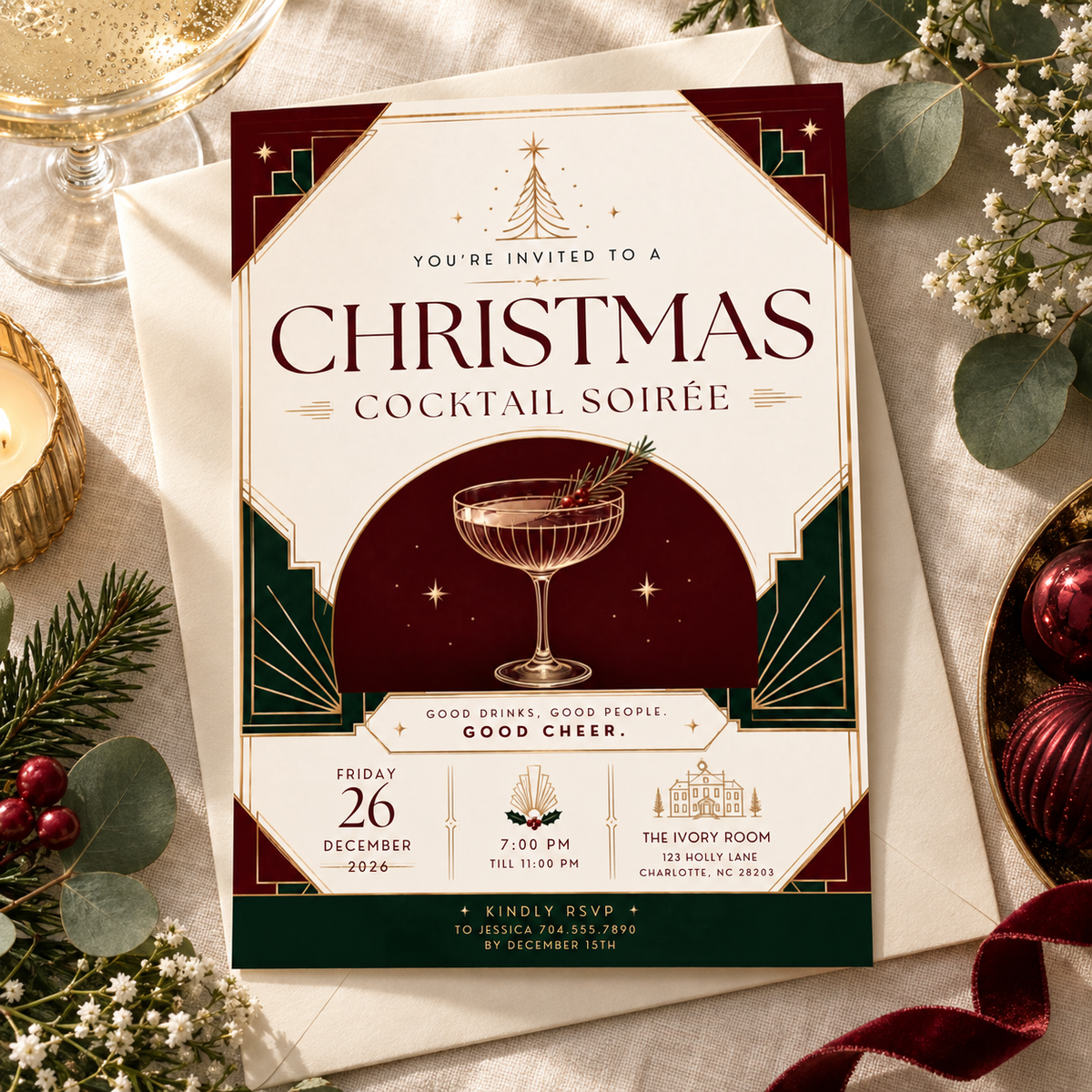 Christmas Party Invitation Cocktail Soiree - Green & Gold