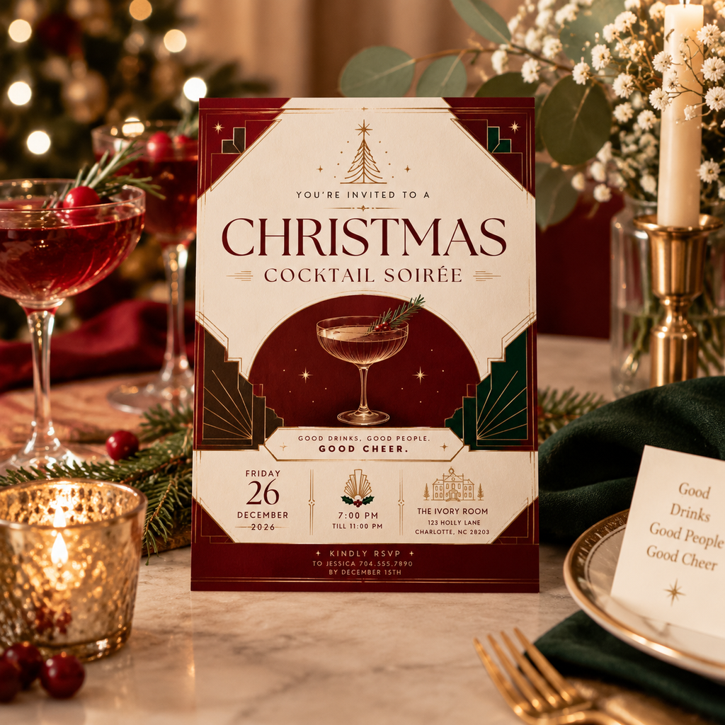 Christmas Party Invitation Cocktail Soiree - Green & Gold