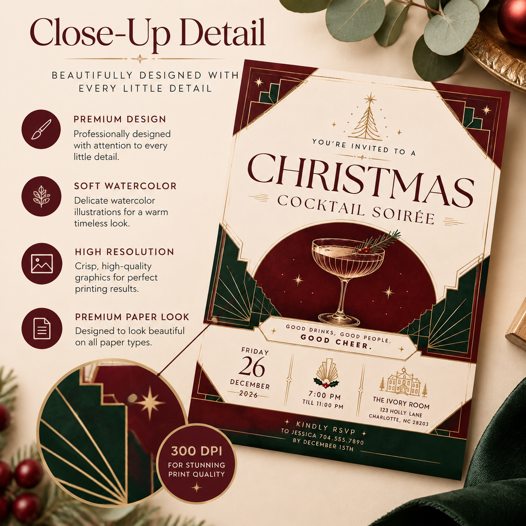 Christmas Party Invitation Cocktail Soiree - Green & Gold