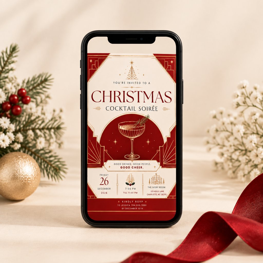 Christmas Party Invitation Cocktail Soiree - Red & Creme