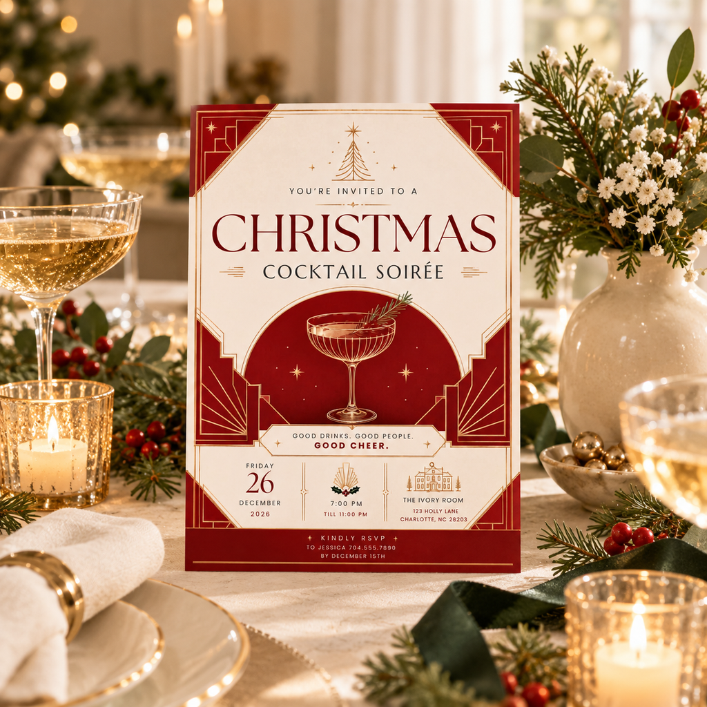 Christmas Party Invitation Cocktail Soiree - Red & Creme