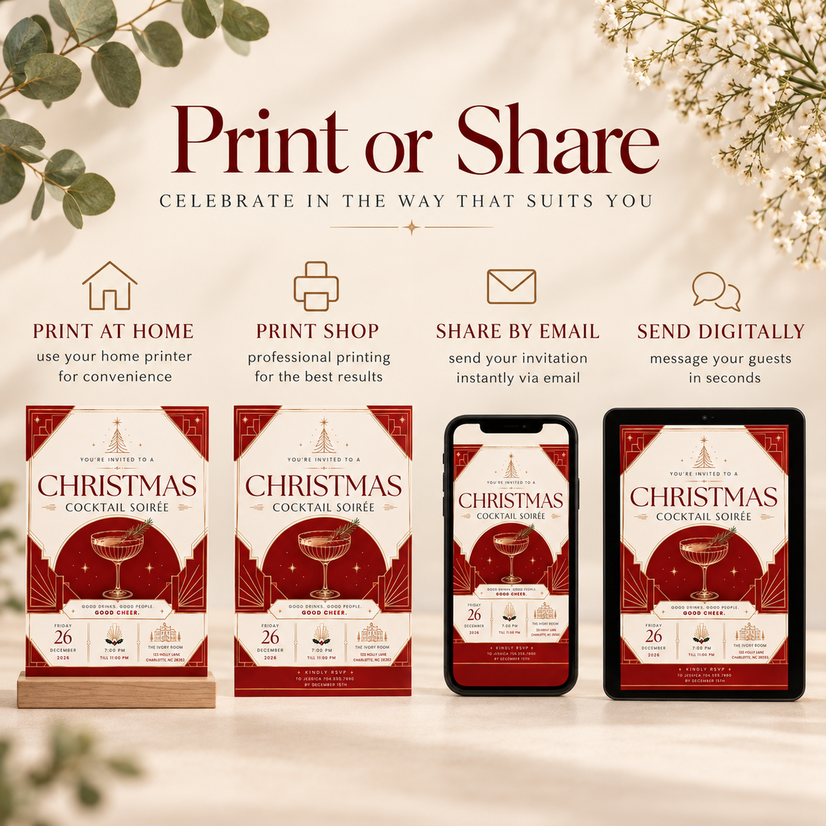Christmas Party Invitation Cocktail Soiree - Red & Creme