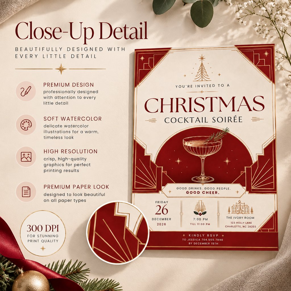 Christmas Party Invitation Cocktail Soiree - Red & Creme