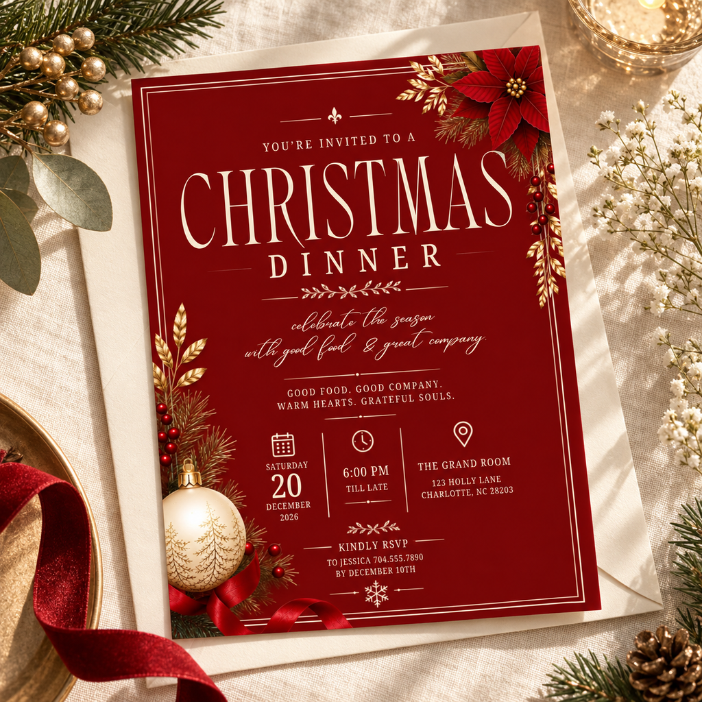 Christmas  Dinner Invitation - Burgundy & gold