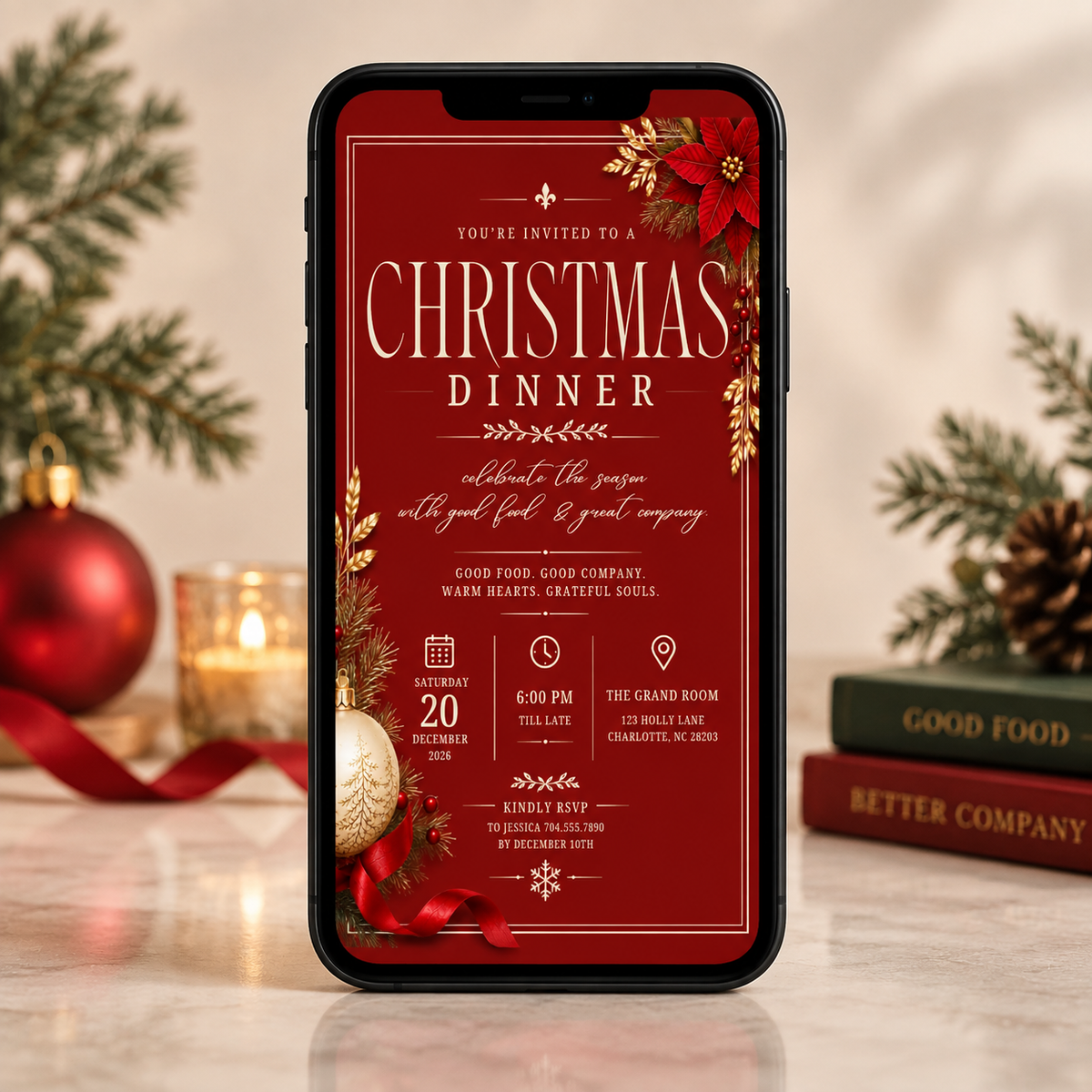 Christmas  Dinner Invitation - Burgundy & gold