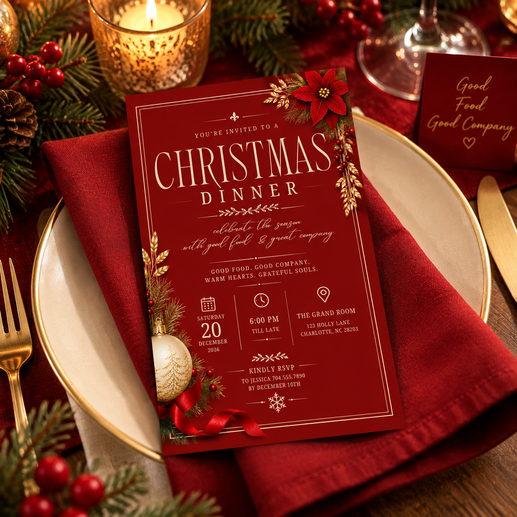 Christmas  Dinner Invitation - Burgundy & gold