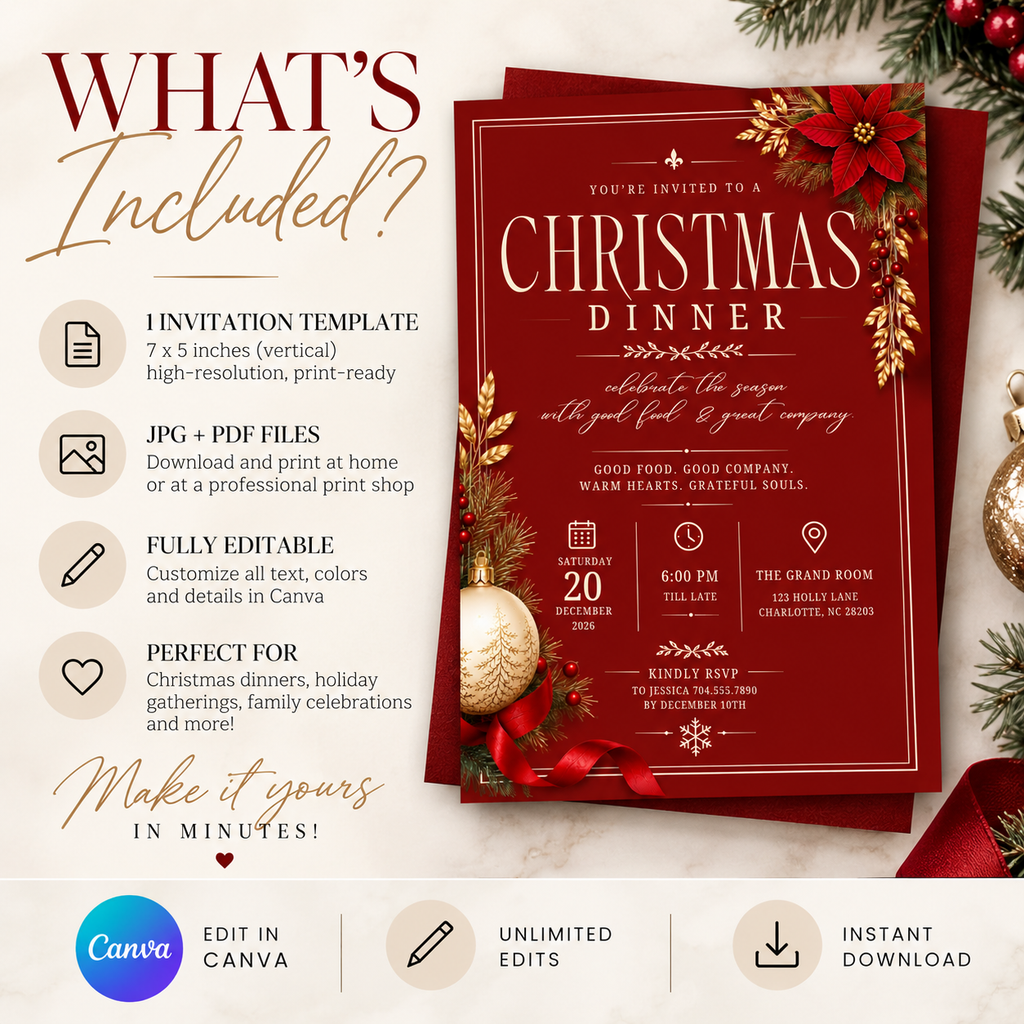 Christmas  Dinner Invitation - Burgundy & gold