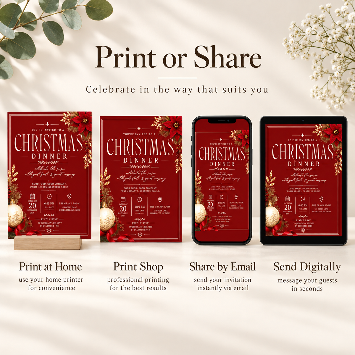 Christmas  Dinner Invitation - Burgundy & gold