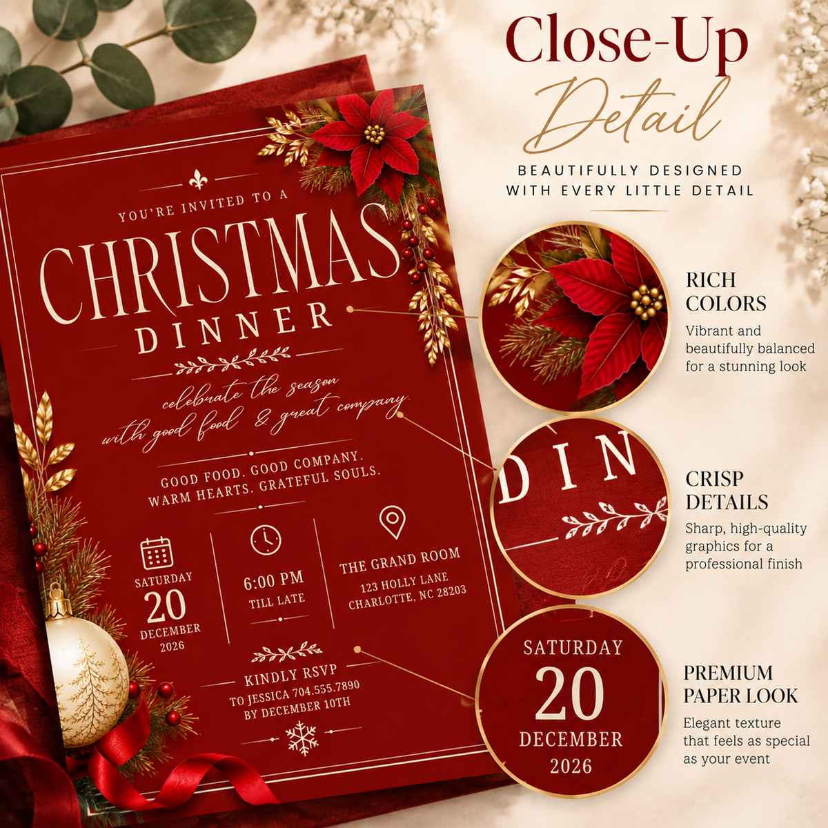 Christmas  Dinner Invitation - Burgundy & gold