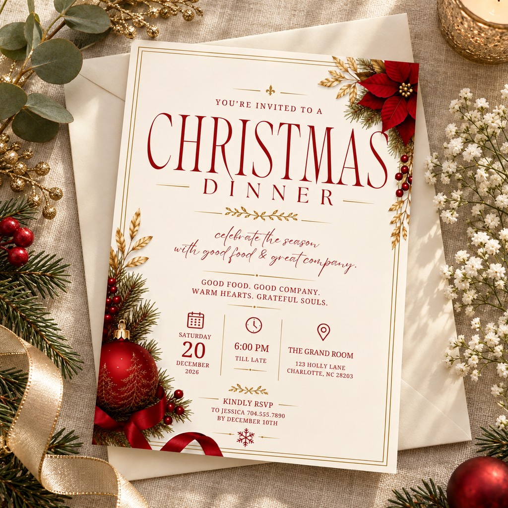 Christmas Dinner Invitation - Cream & Red