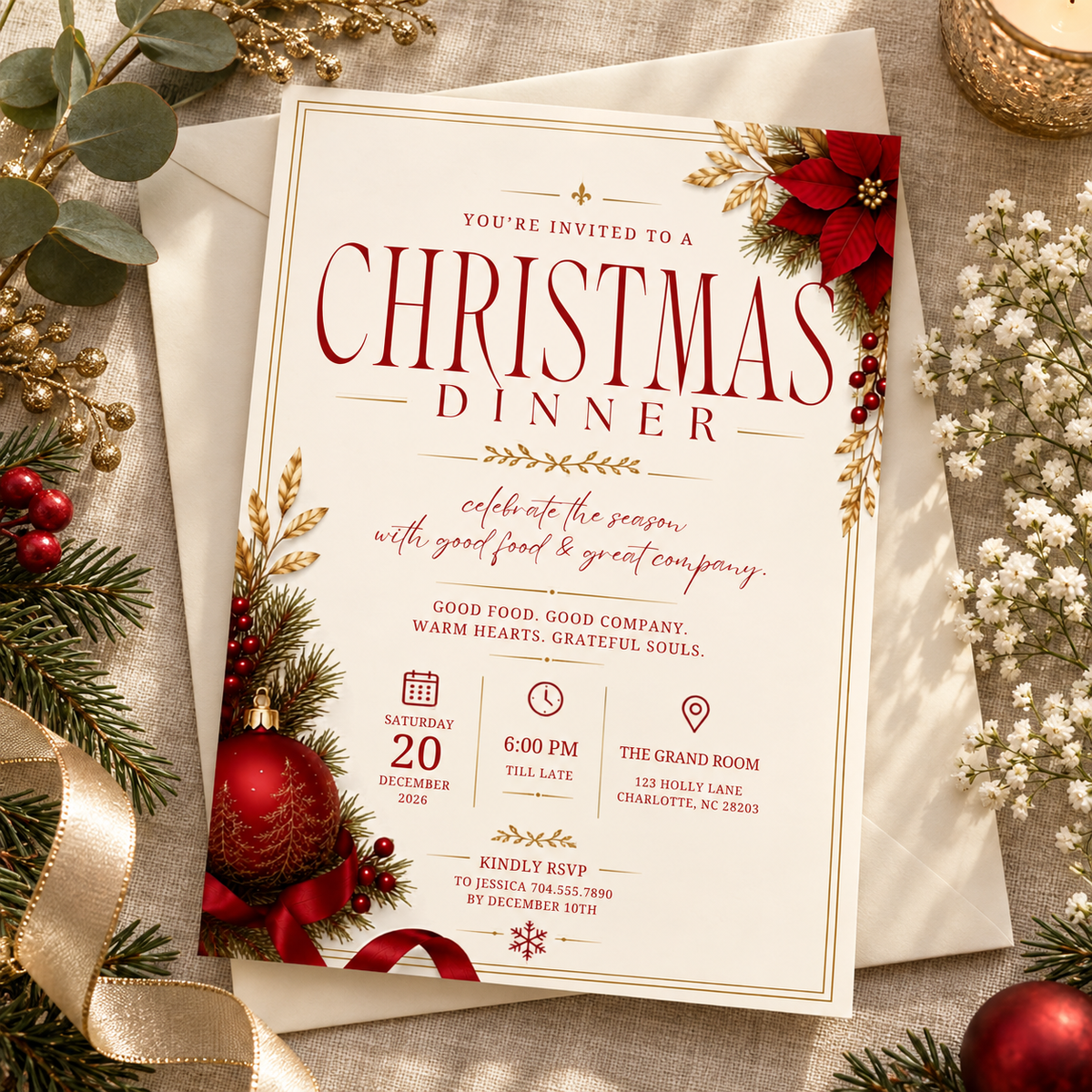 Christmas Dinner Invitation - Cream & Red
