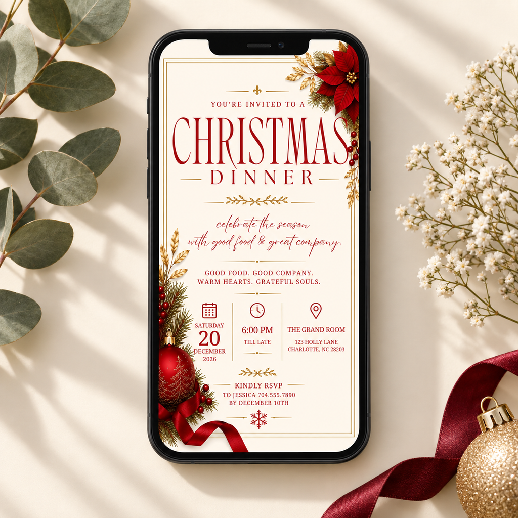 Christmas Dinner Invitation - Cream & Red