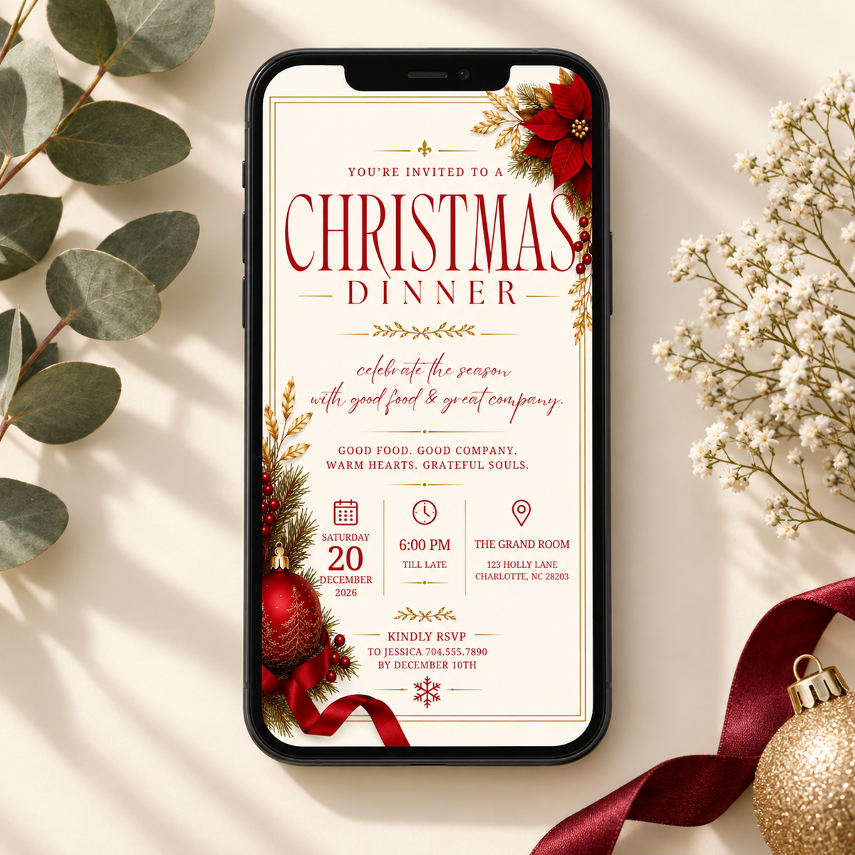 Christmas Dinner Invitation - Cream & Red