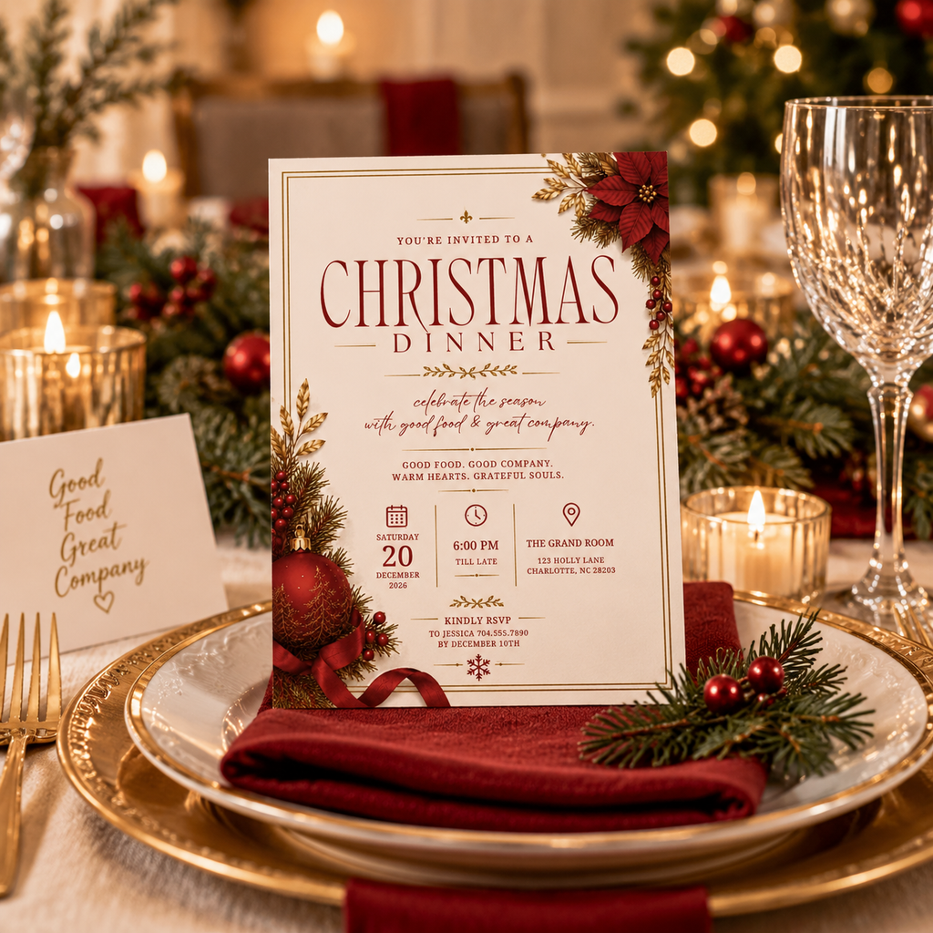 Christmas Dinner Invitation - Cream & Red