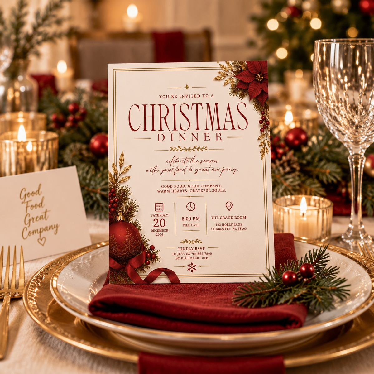 Christmas Dinner Invitation - Cream & Red