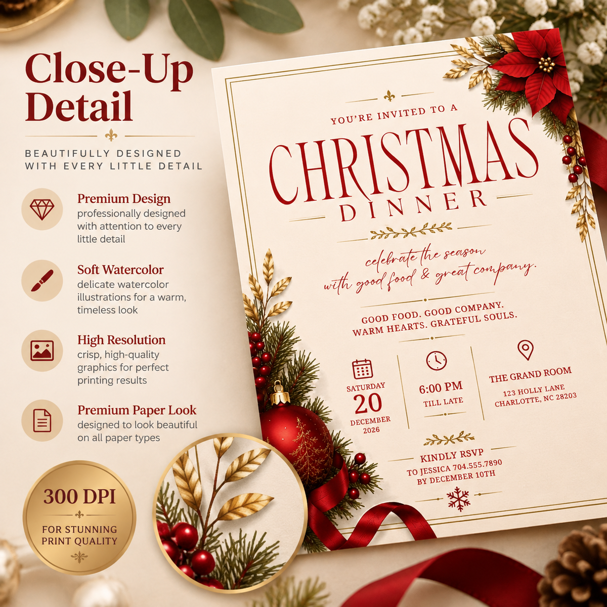 Christmas Dinner Invitation - Cream & Red