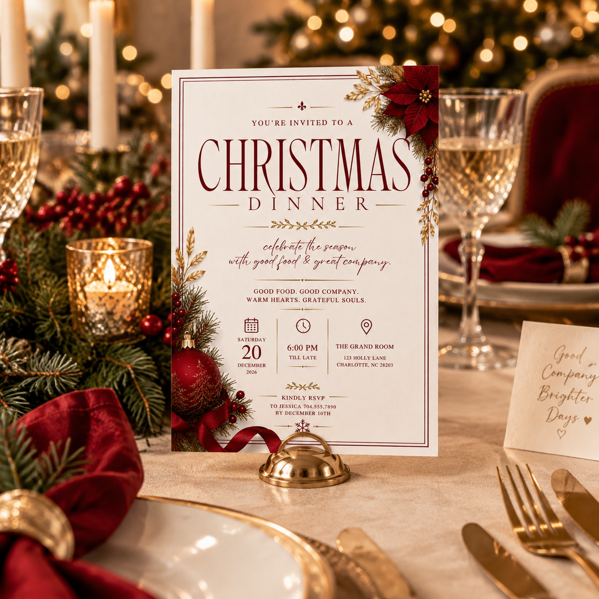 Christmas Dinner Invitation - Red Gold & Cream
