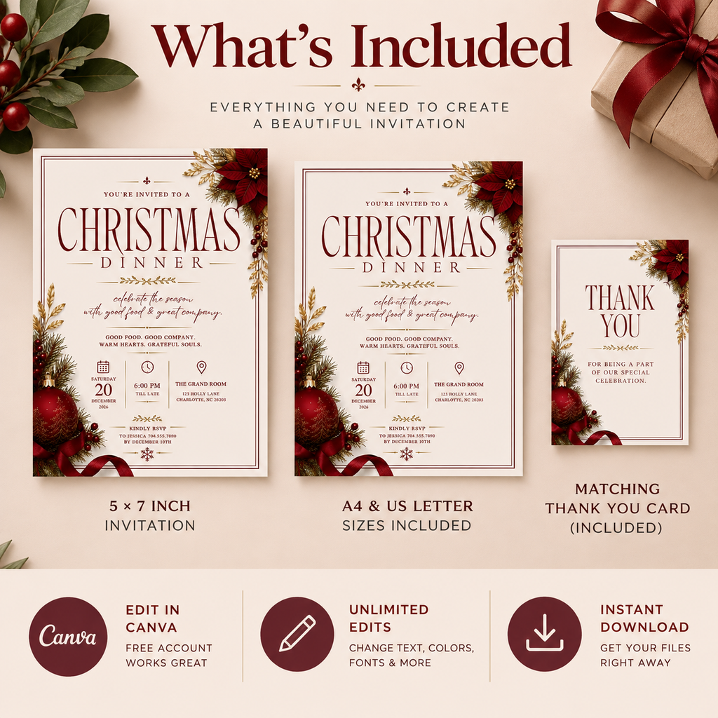 Christmas Dinner Invitation - Red Gold & Cream