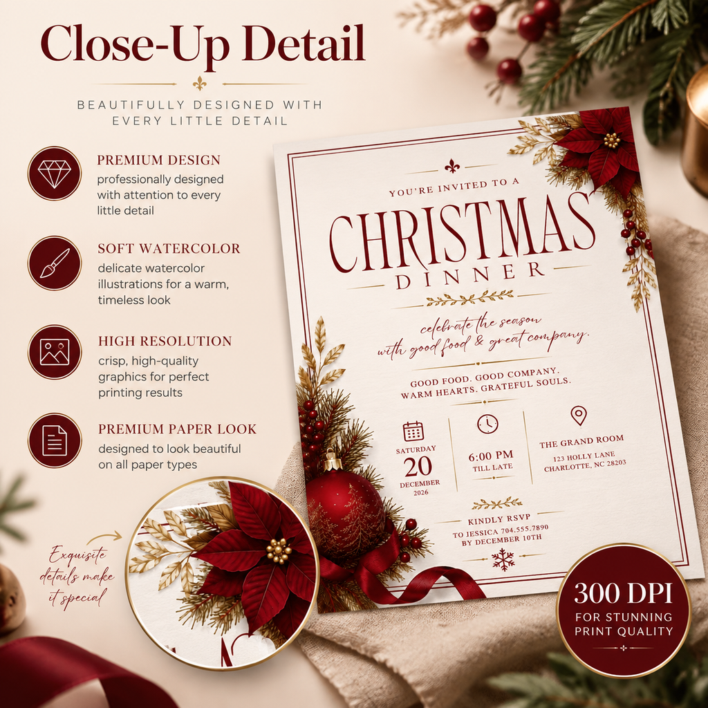 Christmas Dinner Invitation - Red Gold & Cream