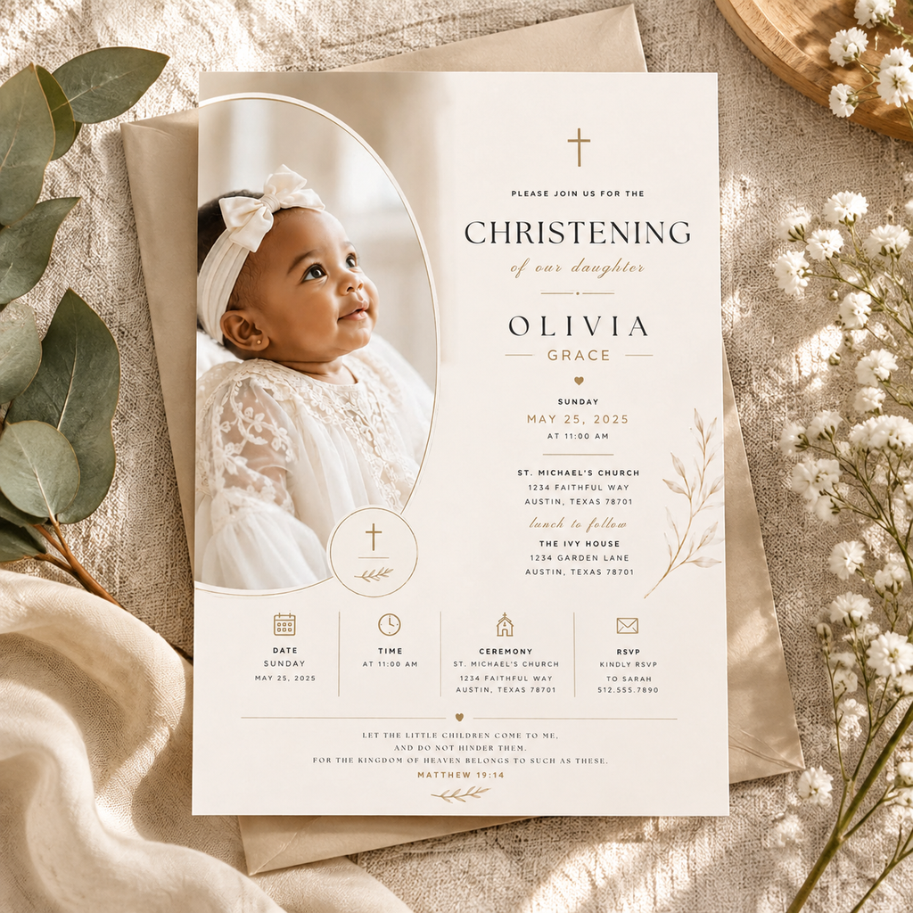Hero: Baby Girl Christening Invitation – Cream & Gold, elegant editable Canva invitation