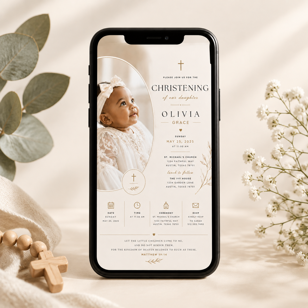 Phone: Baby Girl Christening Invitation Cream & Gold shown on a phone screen