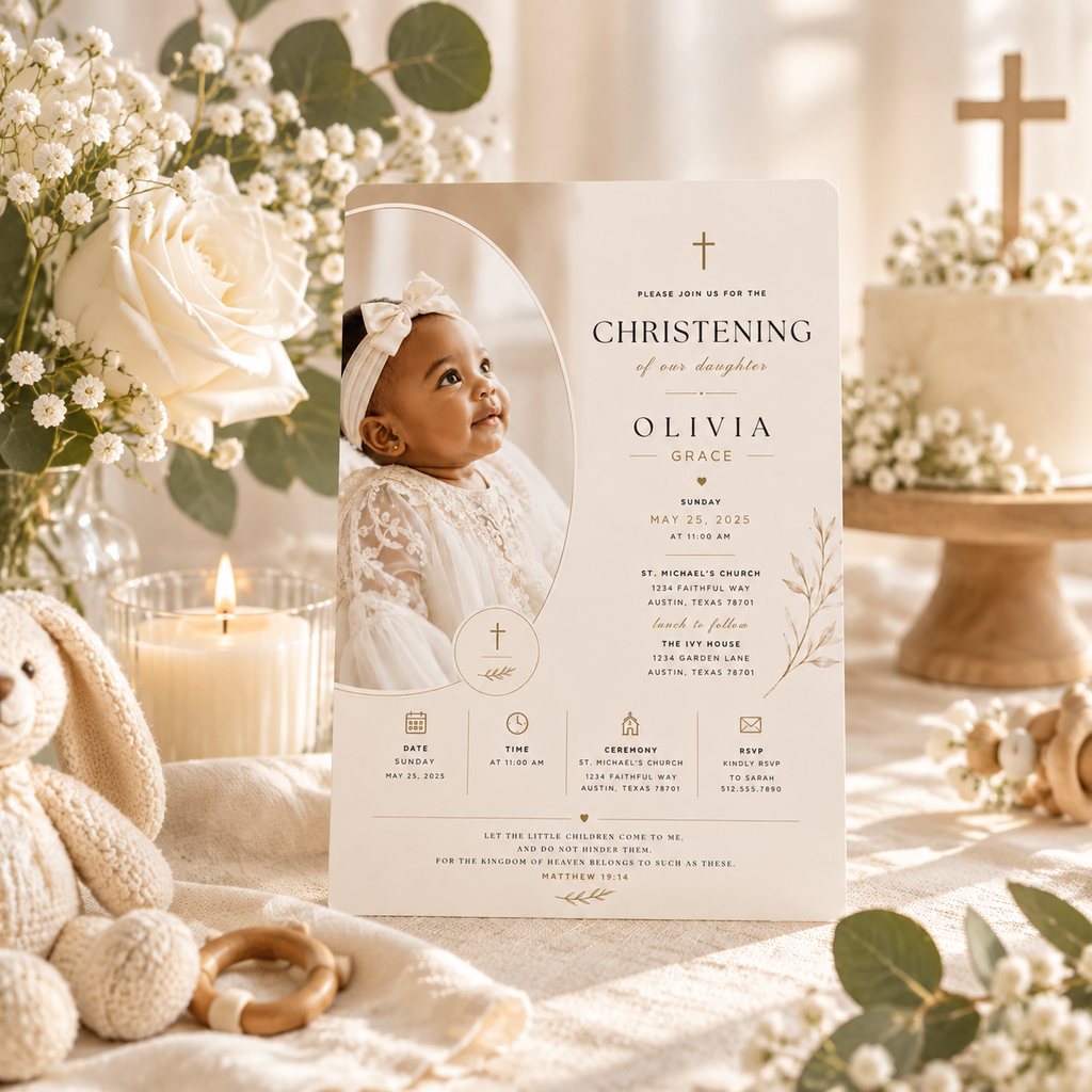 Styled: Baby Girl Christening Invitation Cream & Gold in a soft christening celebration setting