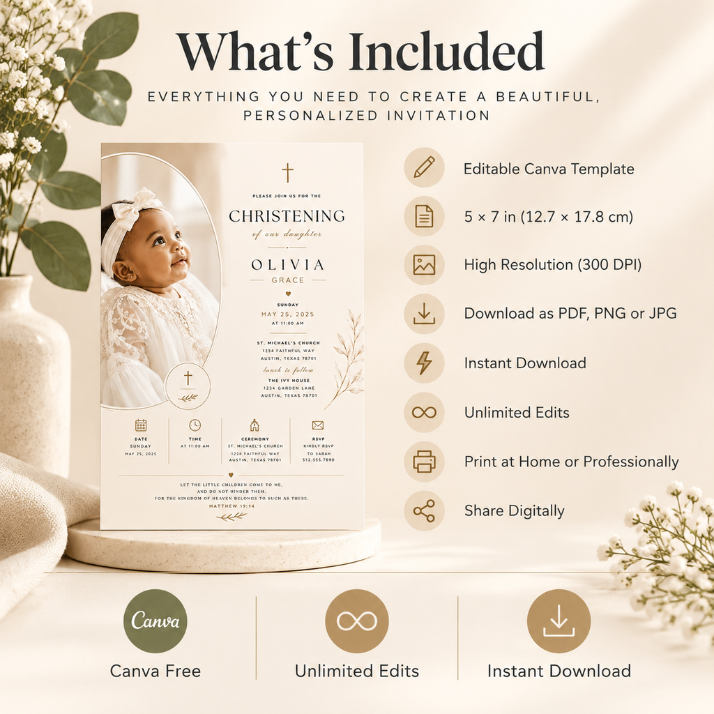 What’s Included: What’s included with the Baby Girl Christening Invitation Cream & Gold