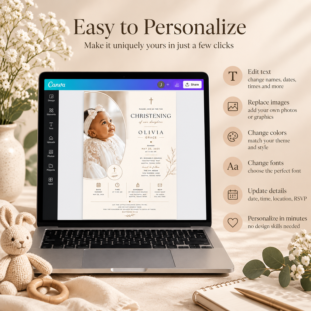 Easy to Personalize: Editing the Baby Girl Christening Invitation Cream & Gold in Canva