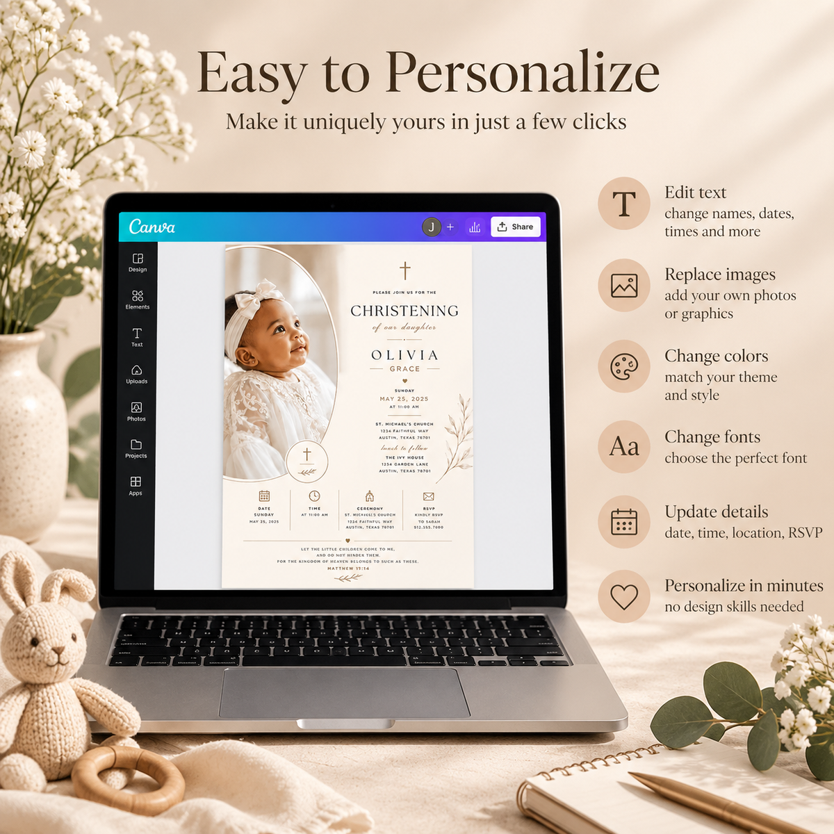 Easy to Personalize: Editing the Baby Girl Christening Invitation Cream & Gold in Canva
