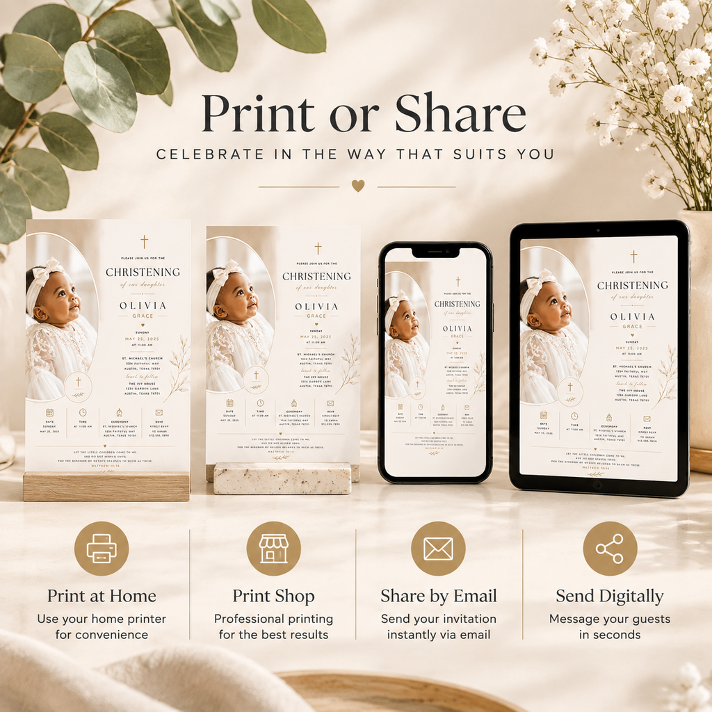 Print or Share: Baby Girl Christening Invitation Cream & Gold, print at home or share digitally
