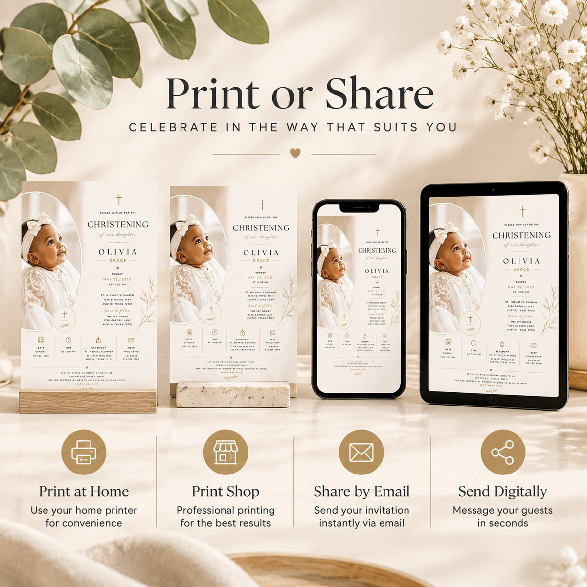 Print or Share: Baby Girl Christening Invitation Cream & Gold, print at home or share digitally