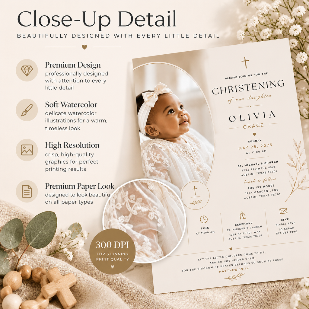 Close-up: Close-up detail of the Baby Girl Christening Invitation Cream & Gold design