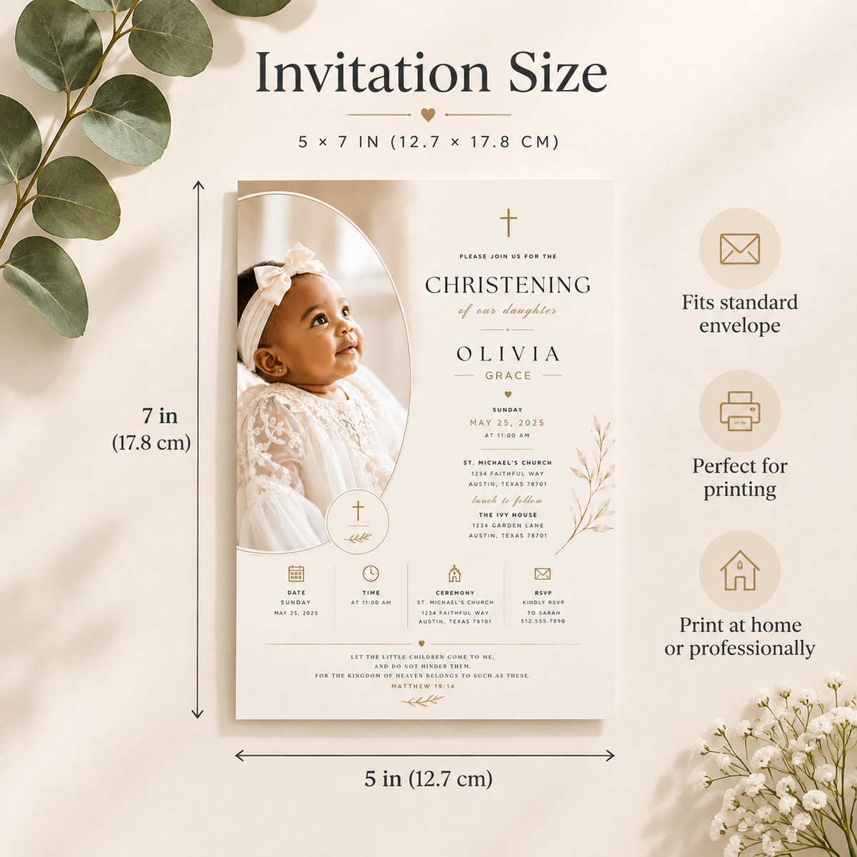 Size: Baby Girl Christening Invitation Cream & Gold, 5x7 inch size guide