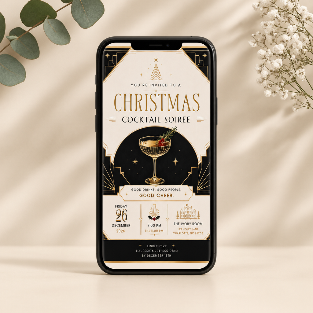 Christmas Party Invitation Cocktail Soiree - Gold & Creme & Black