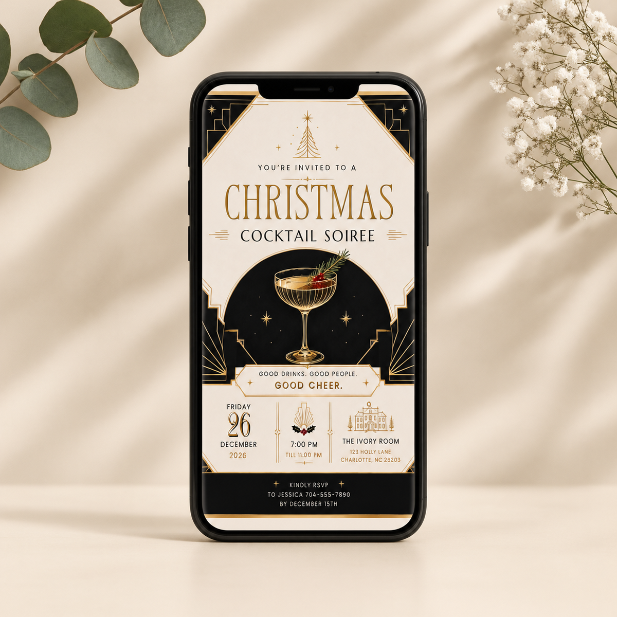 Christmas Party Invitation Cocktail Soiree - Gold & Creme & Black