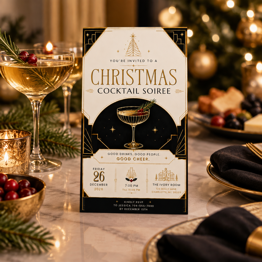 Christmas Party Invitation Cocktail Soiree - Gold & Creme & Black