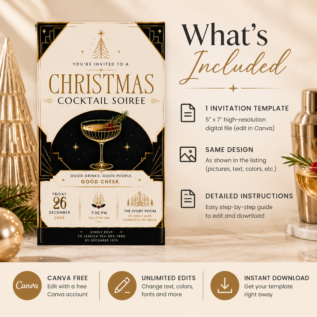 Christmas Party Invitation Cocktail Soiree - Gold & Creme & Black